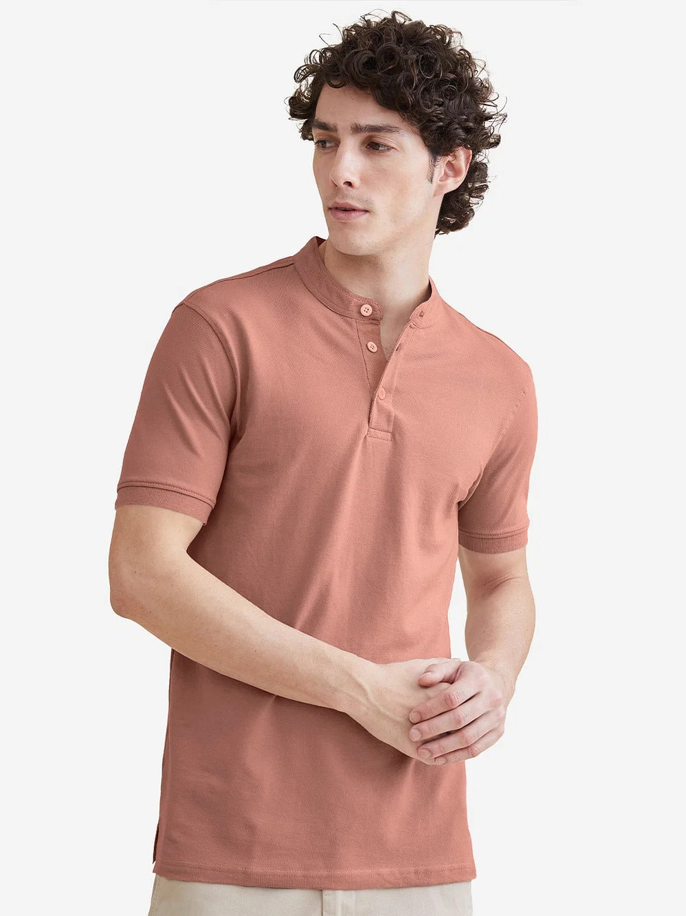 LooFoN Slim Fit Men's Mandarin collar Desert Rose T-Shirt