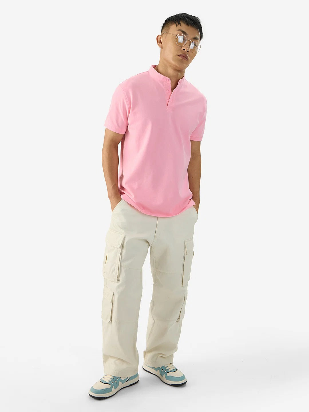 LooFoN Slim Fit Men's Mandarin collar PinkT-Shirt