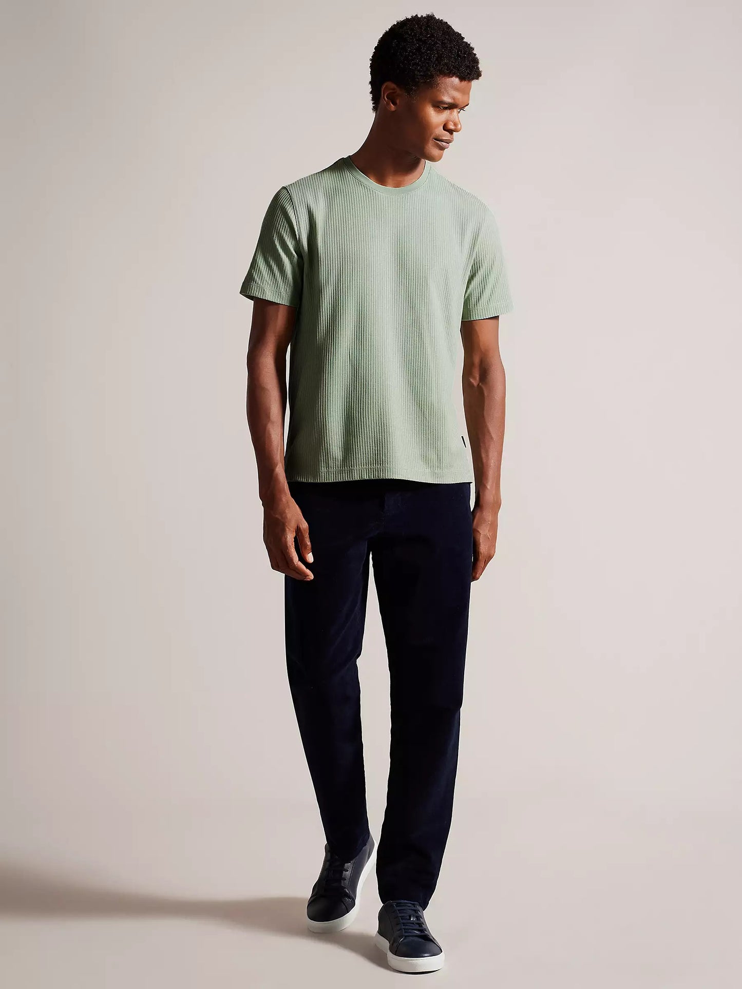 LooFoN Slim Fit Men's Round Nack Light Green T-Shirt with Ribb Texture Fabric