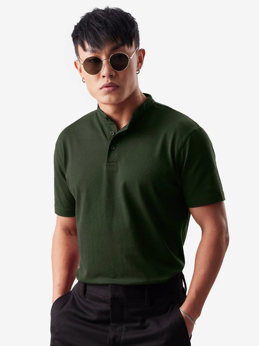 LooFoN Slim Fit Men's Mandarin collar Dark Green T-Shirt