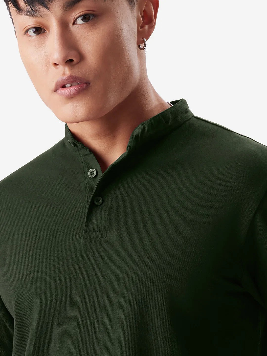 LooFoN Slim Fit Men's Mandarin collar Dark Green T-Shirt