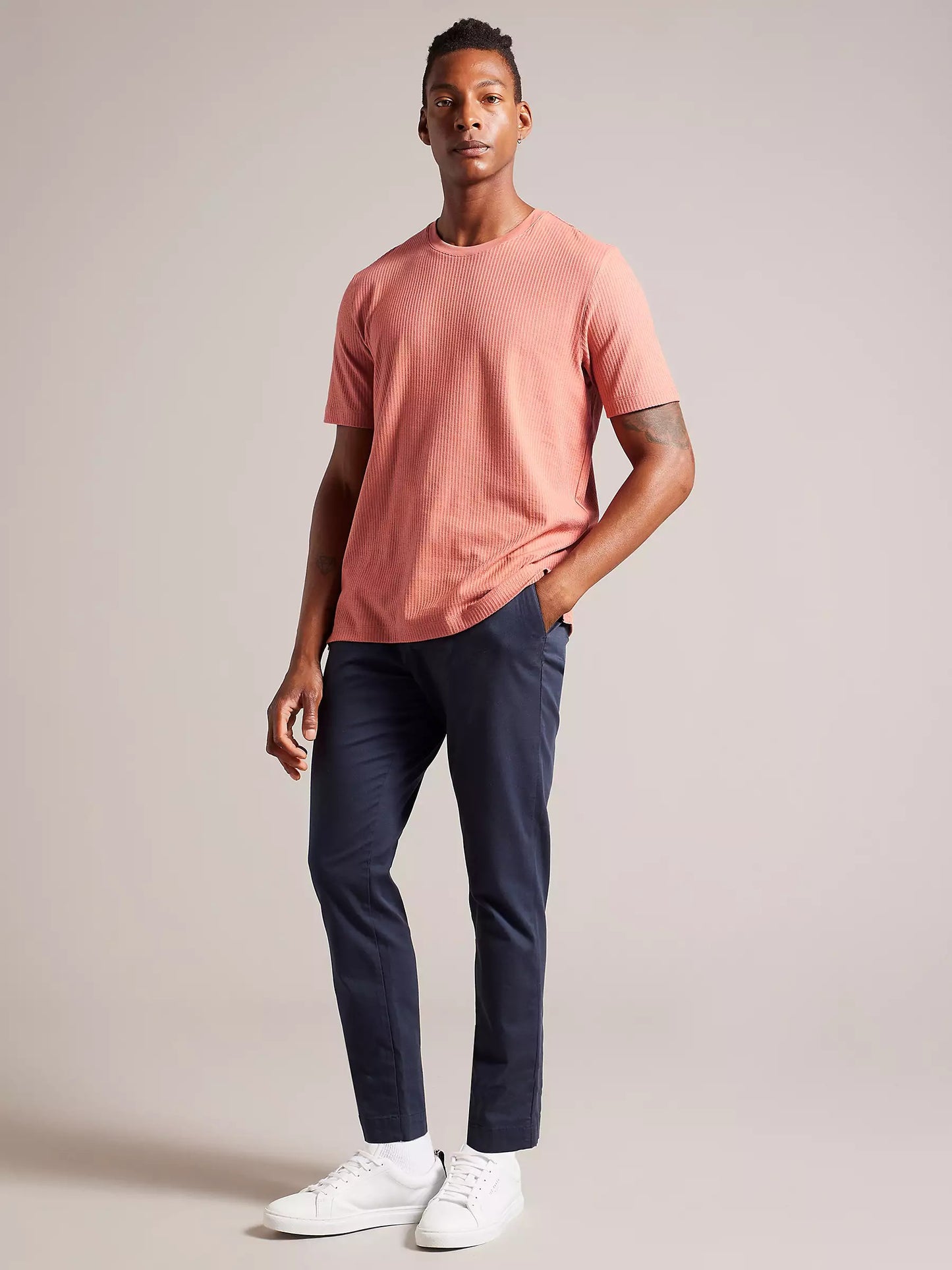 LooFoN Slim Fit Men's Round Nack Peach T-Shirt with Ribb Texture Fabric