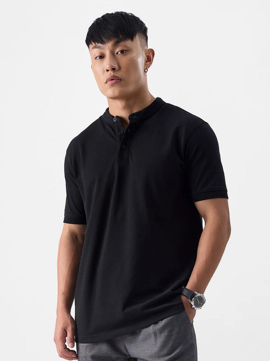 LooFoN Slim Fit Men's Mandarin collar Black T-Shirt