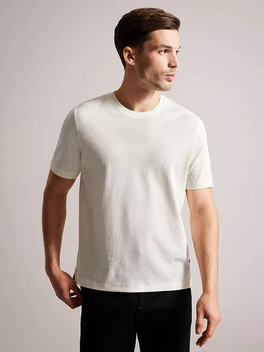 LooFoN Slim Fit Men's Round Nack White T-Shirt with Ribb Texture Fabric