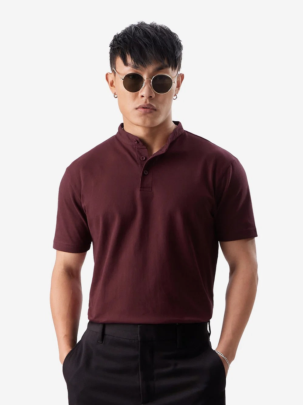 LooFoN Slim Fit Men's Mandarin collar Maroon T-Shirt