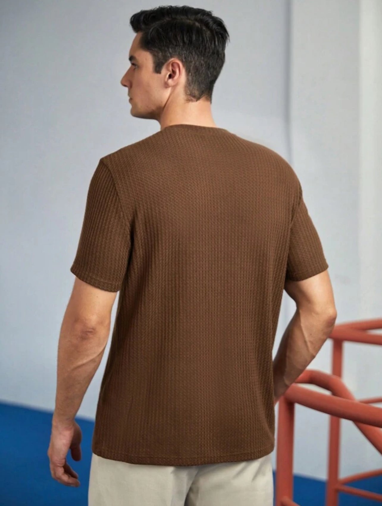 LooFoN Slim Fit Men's Round Nack Brown T-Shirt with Ribb Texture Fabric
