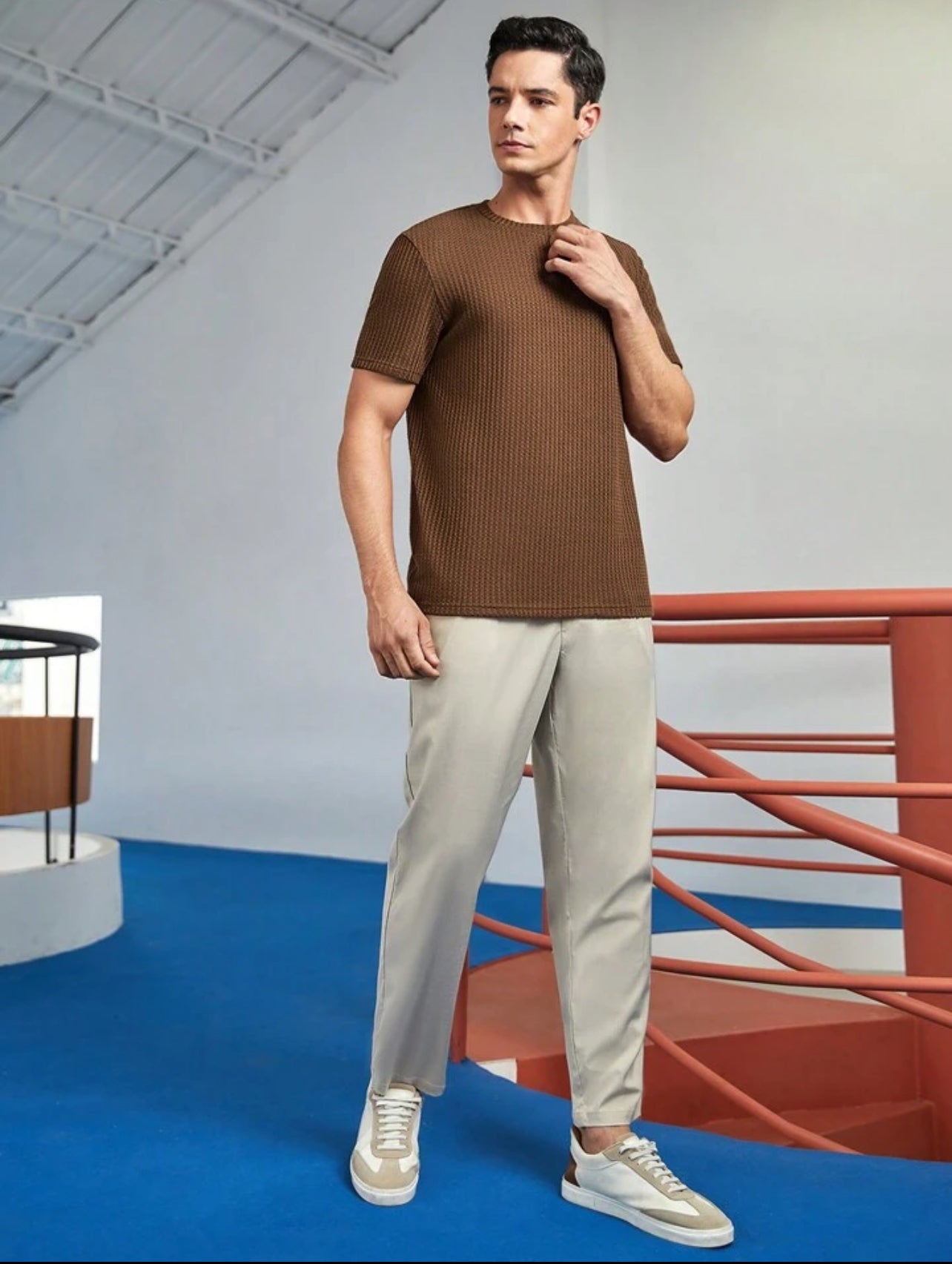 LooFoN Slim Fit Men's Round Nack Brown T-Shirt with Ribb Texture Fabric