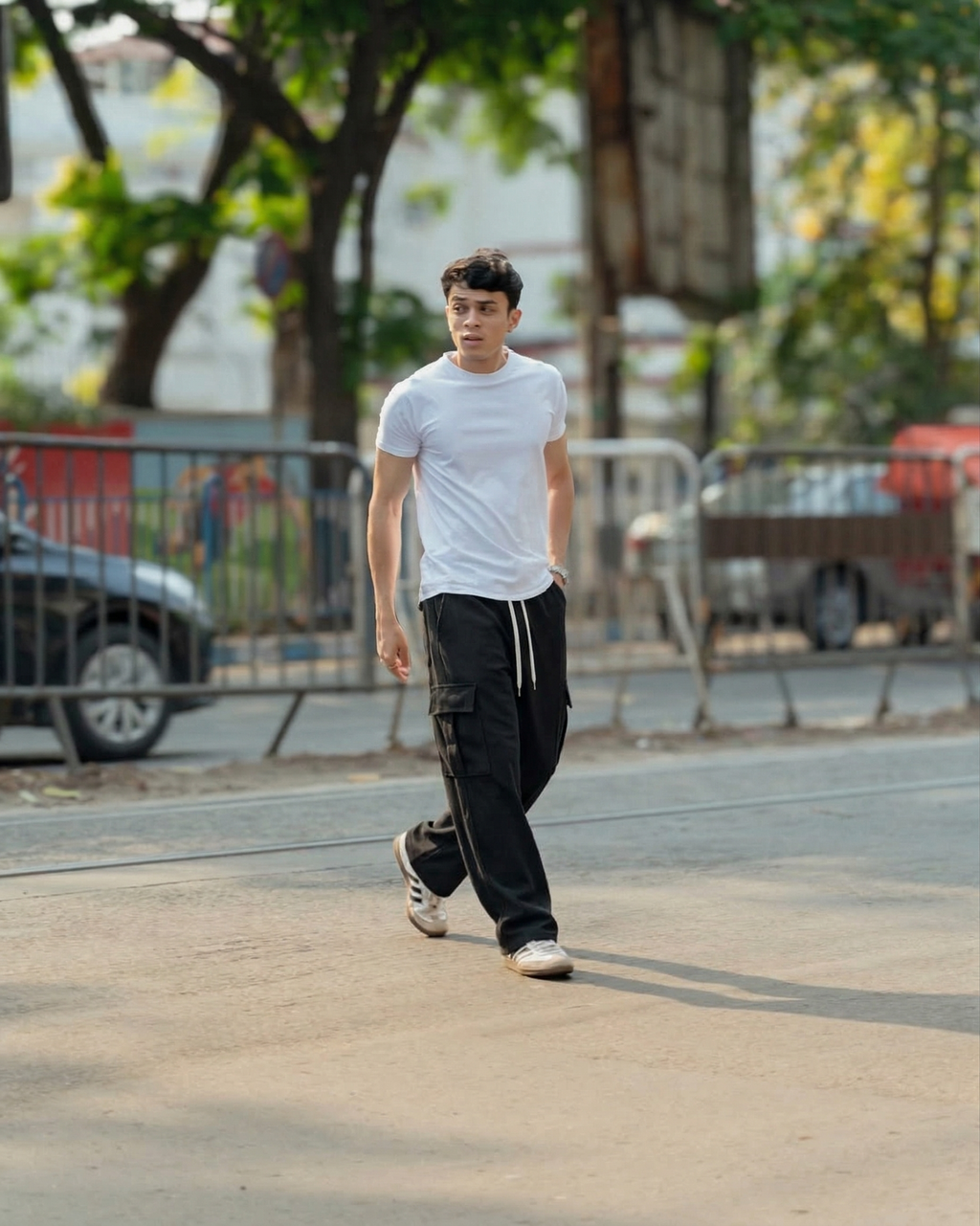 Men’s Stretch Ribbed Cargo Pants – Loose Fit Korean Streetwear (Jet Black)