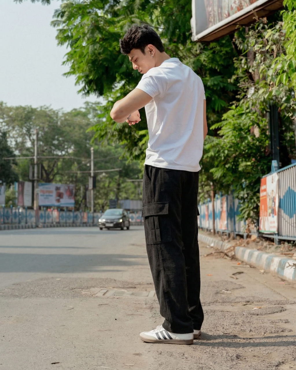 Men’s Stretch Ribbed Cargo Pants – Loose Fit Korean Streetwear (Jet Black)