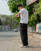 Men’s Stretch Ribbed Cargo Pants – Loose Fit Korean Streetwear (Jet Black)