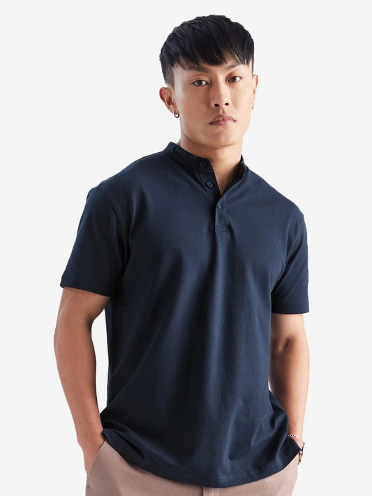 LooFoN Slim Fit Men's Mandarin collar Navy Blue T-Shirt