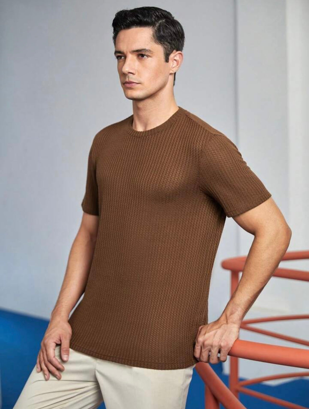 LooFoN Slim Fit Men's Round Nack Brown T-Shirt with Ribb Texture Fabric
