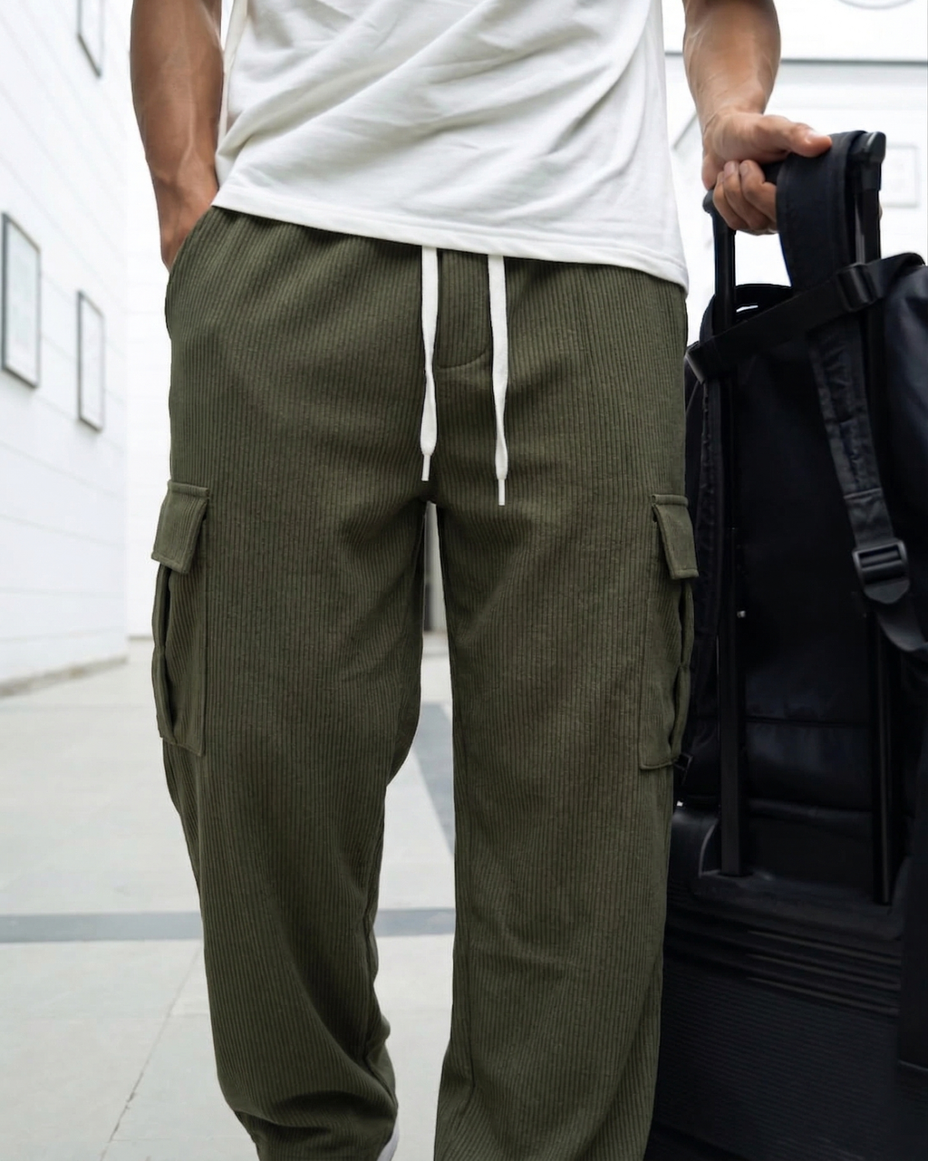 Urban Soft Cord Cargo | Baggy Fit Wide Leg Trousers - Olive Green