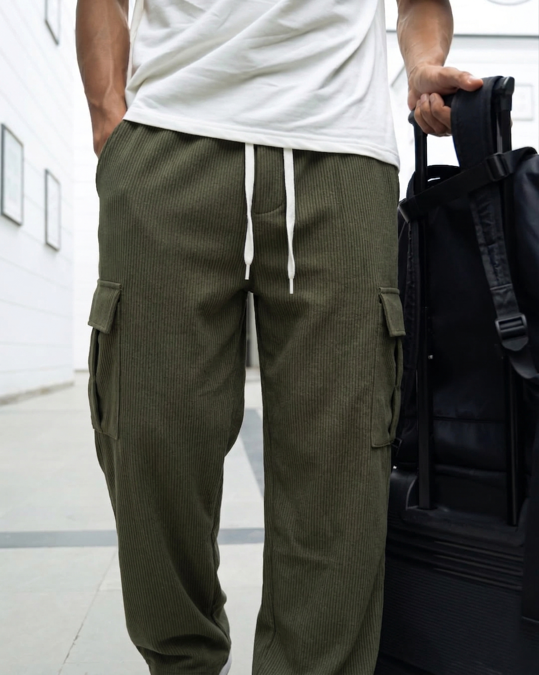 Urban Soft Cord Cargo | Baggy Fit Wide Leg Trousers - Olive Green
