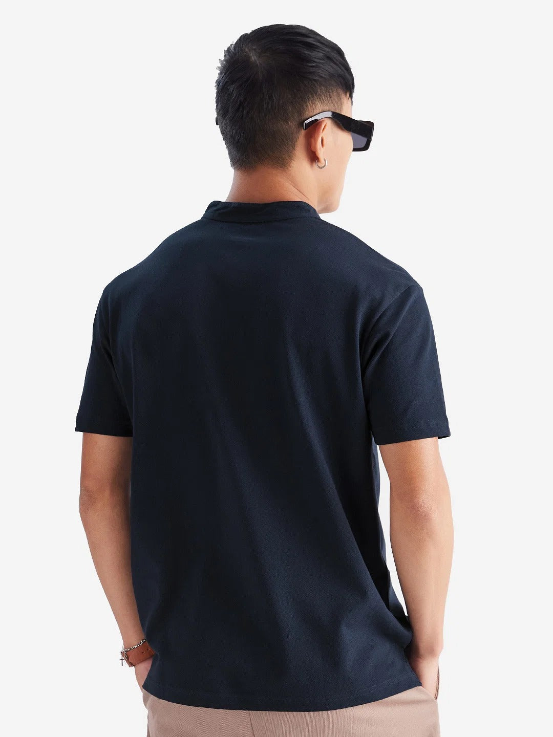 LooFoN Slim Fit Men's Mandarin collar Navy Blue T-Shirt