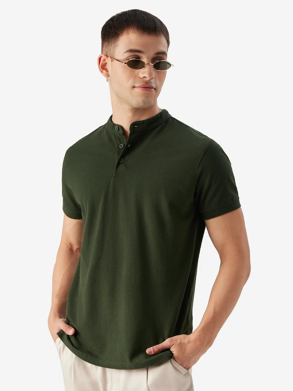 LooFoN Slim Fit Men's Mandarin collar Dark Green T-Shirt