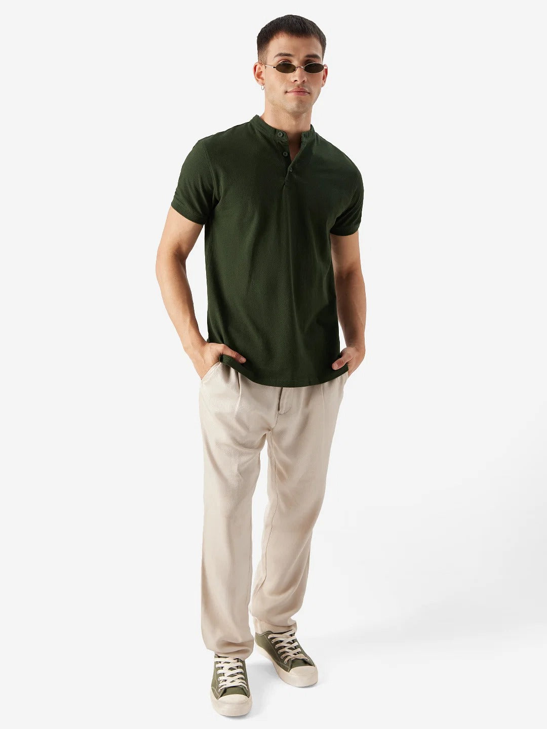 LooFoN Slim Fit Men's Mandarin collar Dark Green T-Shirt