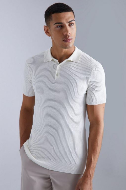 LooFoN Slim Fit Men's Polo White T-Shirt with Ribb Texture Fabric