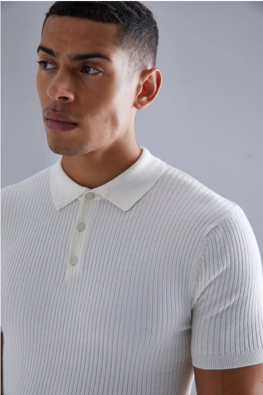 LooFoN Slim Fit Men's Polo White T-Shirt with Ribb Texture Fabric