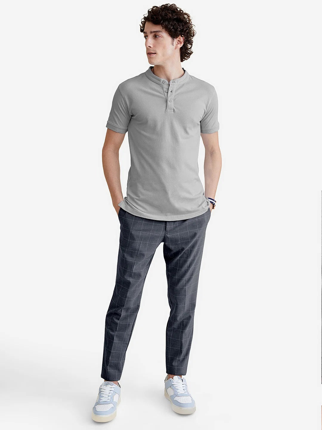 LooFoN Slim Fit Men's Mandarin collar Grey T-Shirt