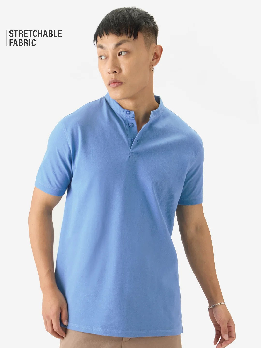 LooFoN Slim Fit Men's Mandarin collar Sky Blue T-Shirt