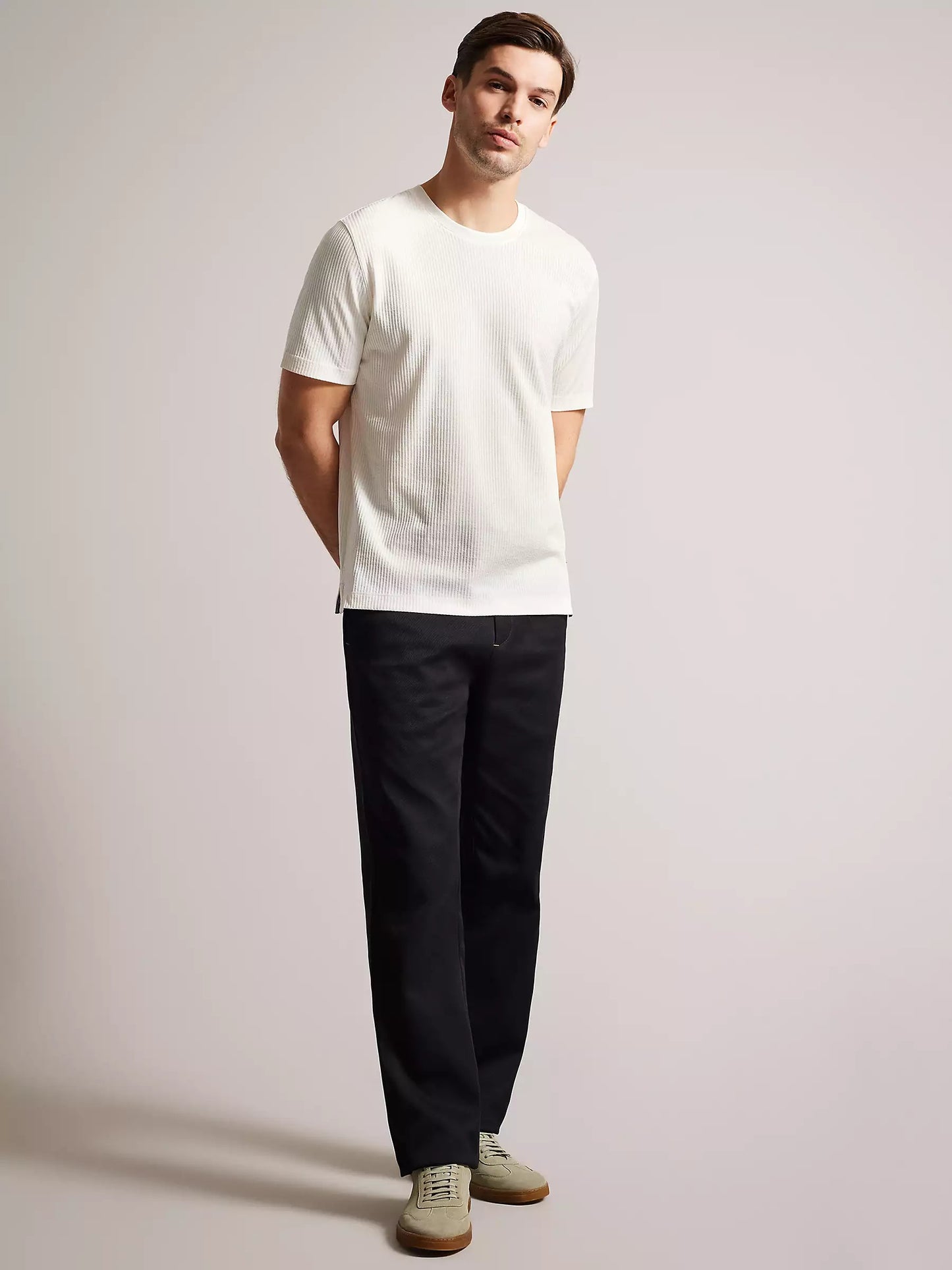 LooFoN Slim Fit Men's Round Nack White T-Shirt with Ribb Texture Fabric