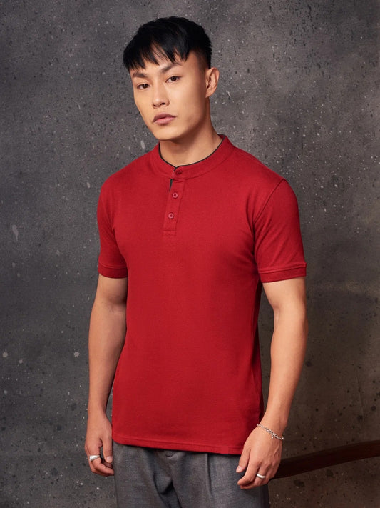 LooFoN Slim Fit Men's Mandarin collar Red T-Shirt