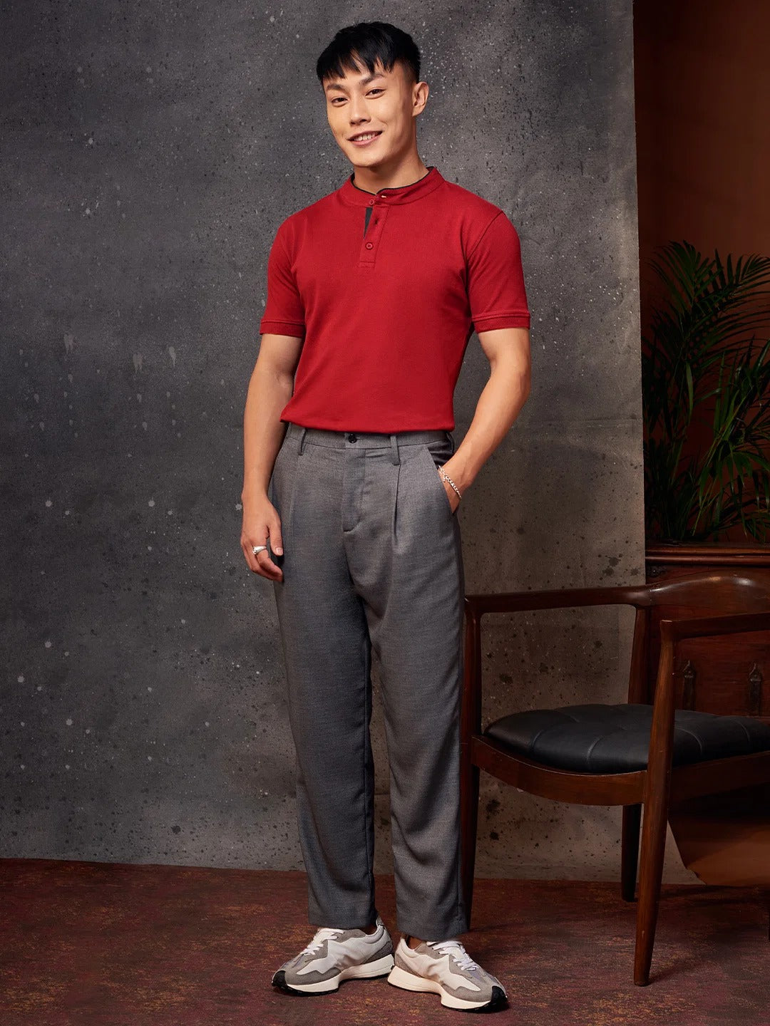 LooFoN Slim Fit Men's Mandarin collar Red T-Shirt