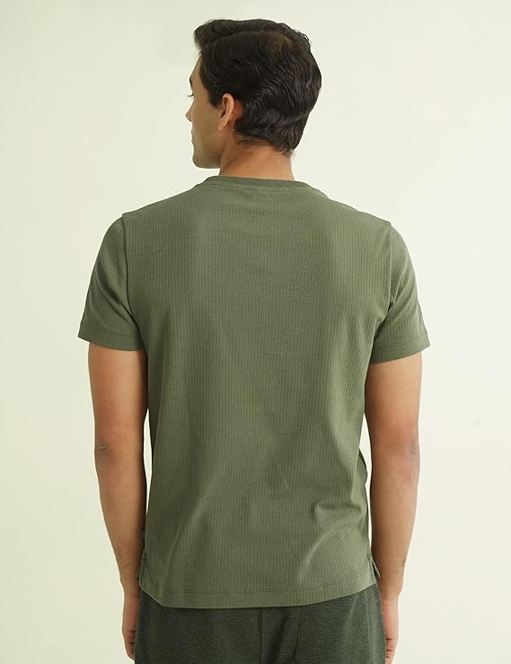 LooFoN Slim Fit Men's Round Nack Green T-Shirt with Ribb Texture Fabric