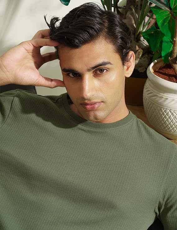 LooFoN Slim Fit Men's Round Nack Green T-Shirt with Ribb Texture Fabric