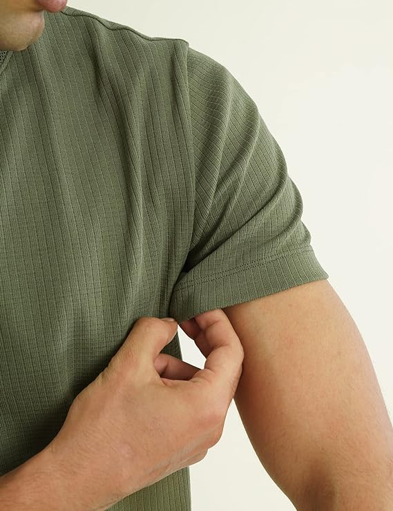 LooFoN Slim Fit Men's Round Nack Green T-Shirt with Ribb Texture Fabric