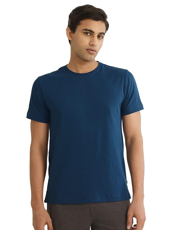 LooFoN Slim Fit Men's Round Nack Teal T-Shirt with Ribb Texture Fabric