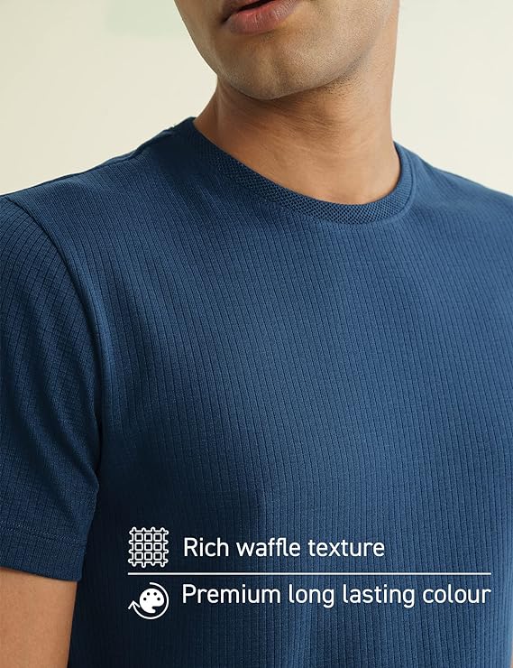 LooFoN Slim Fit Men's Round Nack Teal T-Shirt with Ribb Texture Fabric