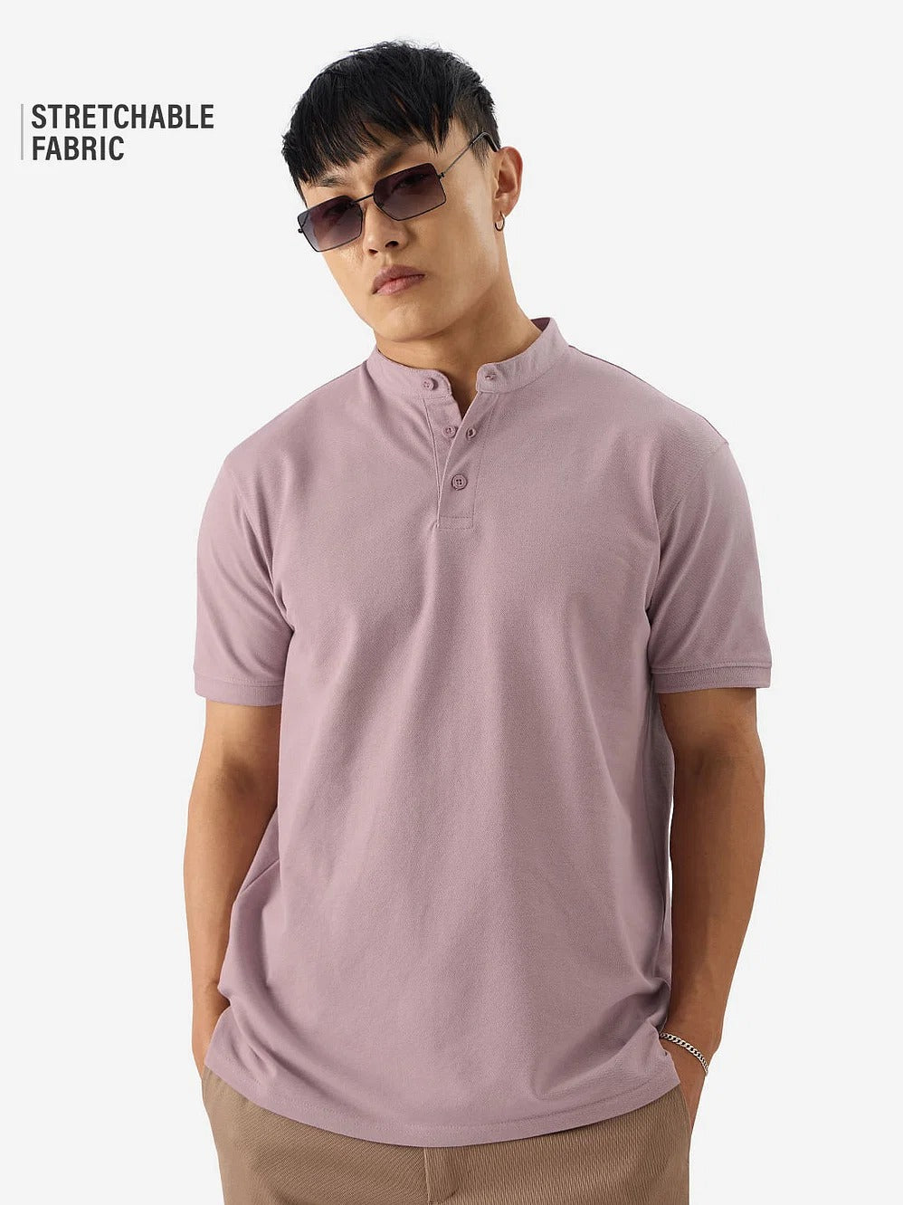LooFoN Slim Fit Men's Mandarin collar Lavender T-Shirt