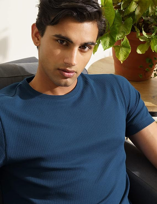 LooFoN Slim Fit Men's Round Nack Teal T-Shirt with Ribb Texture Fabric