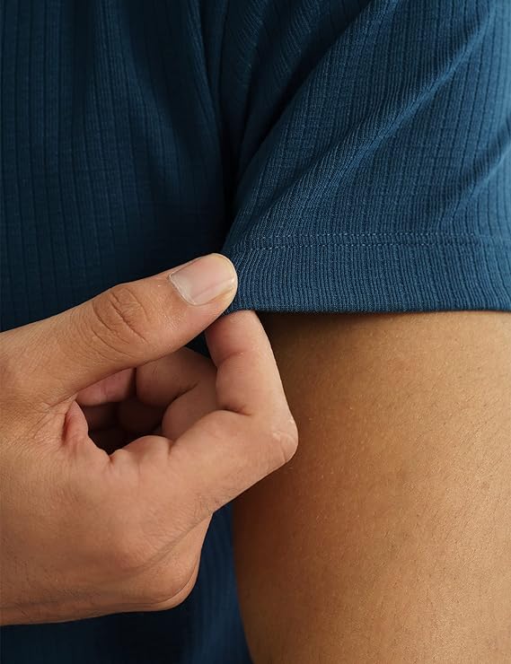 LooFoN Slim Fit Men's Round Nack Teal T-Shirt with Ribb Texture Fabric