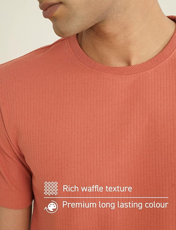 LooFoN Slim Fit Men's Round Nack Orange T-Shirt with Ribb Texture Fabric