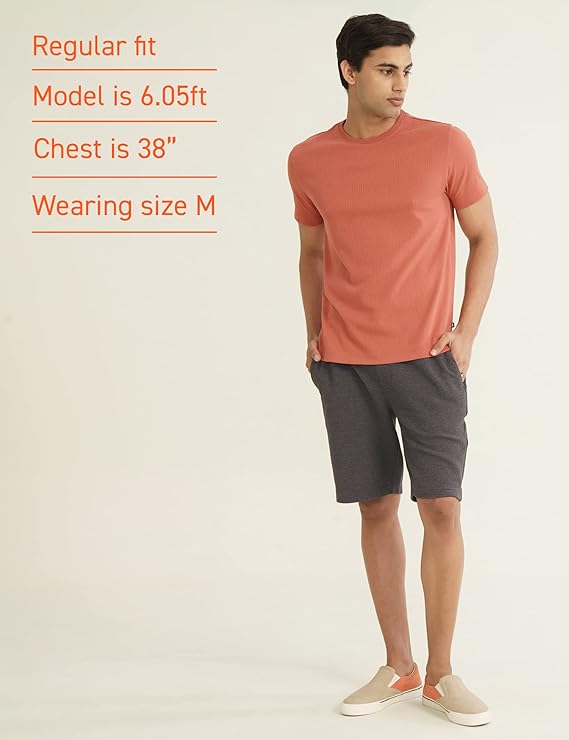 LooFoN Slim Fit Men's Round Nack Orange T-Shirt with Ribb Texture Fabric