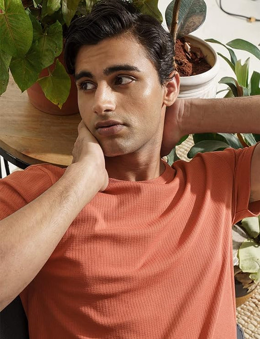 LooFoN Slim Fit Men's Round Nack Orange T-Shirt with Ribb Texture Fabric