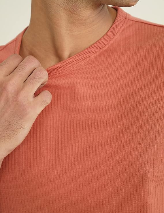 LooFoN Slim Fit Men's Round Nack Orange T-Shirt with Ribb Texture Fabric