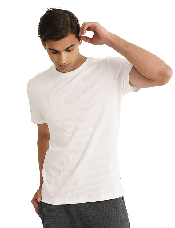 LooFoN Slim Fit Men's Round Nack White T-Shirt with Ribb Texture Fabric