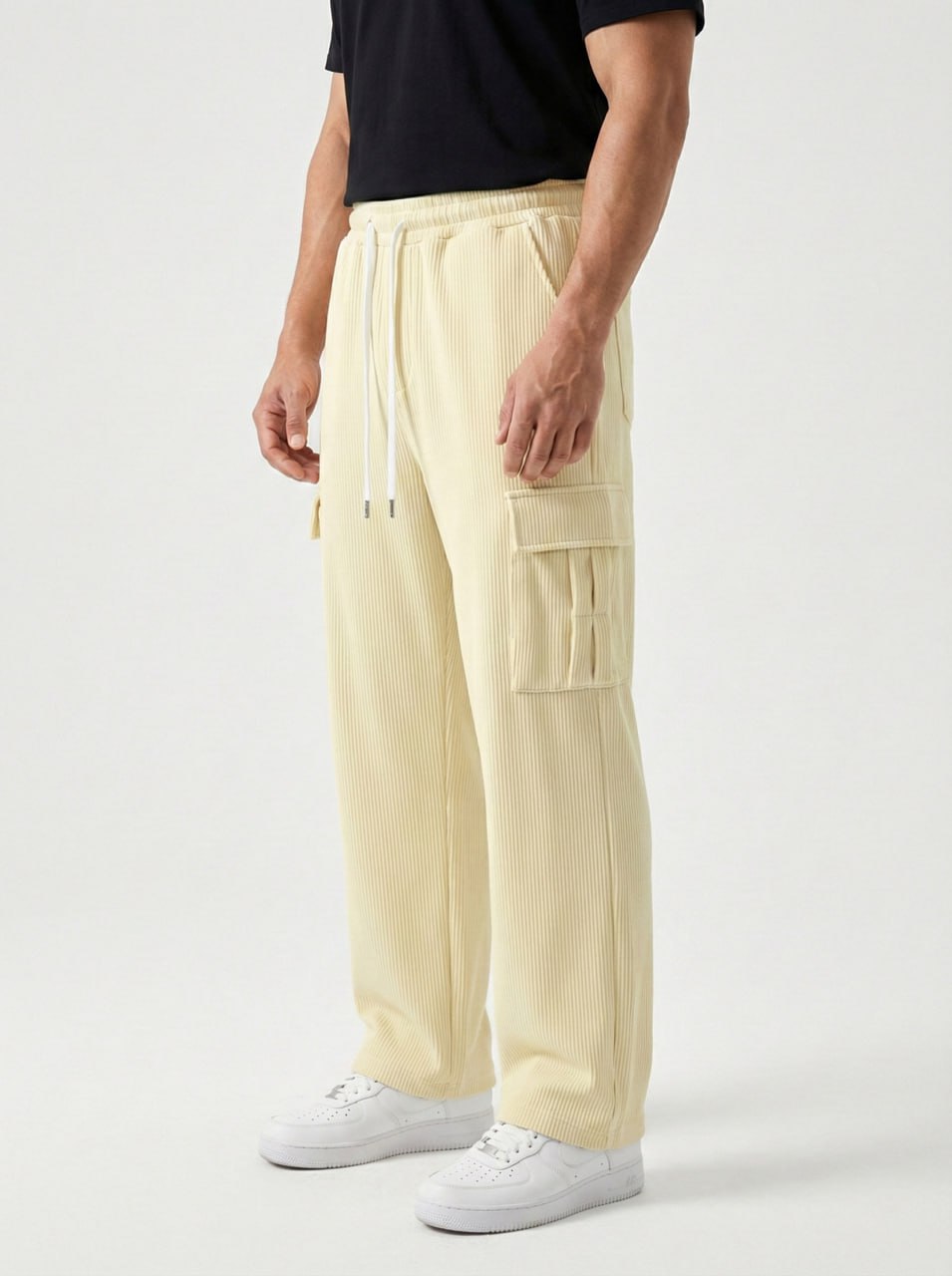 Urban Soft Cord Cargo | Baggy Fit Wide Leg Trousers - Butter Cream