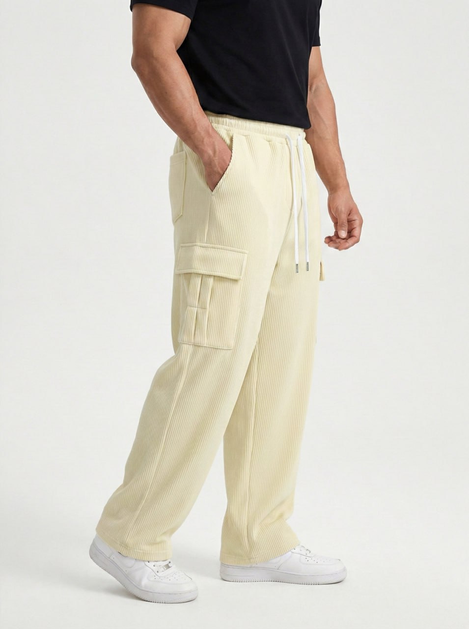 Urban Soft Cord Cargo | Baggy Fit Wide Leg Trousers - Butter Cream