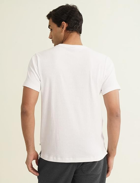 LooFoN Slim Fit Men's Round Nack White T-Shirt with Ribb Texture Fabric
