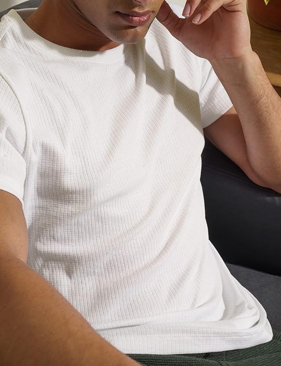 LooFoN Slim Fit Men's Round Nack White T-Shirt with Ribb Texture Fabric
