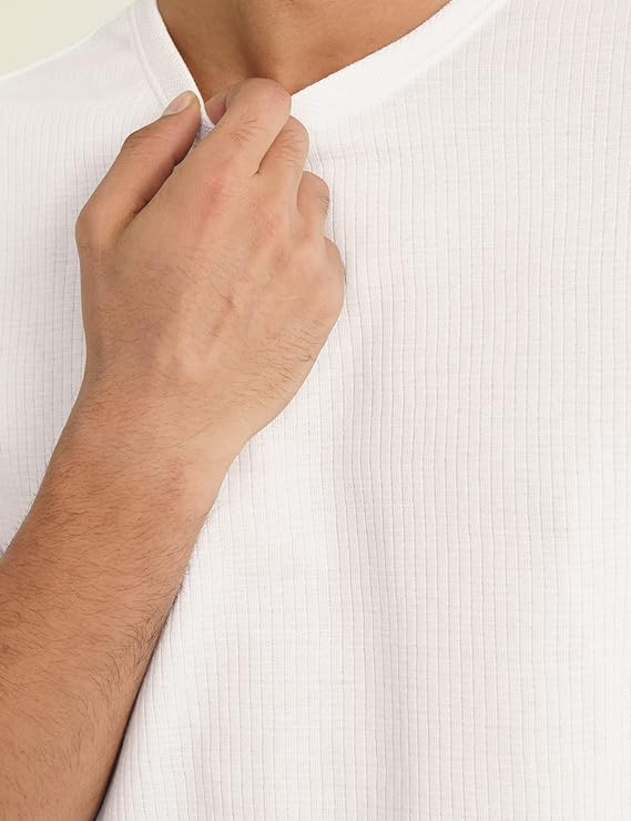 LooFoN Slim Fit Men's Round Nack White T-Shirt with Ribb Texture Fabric