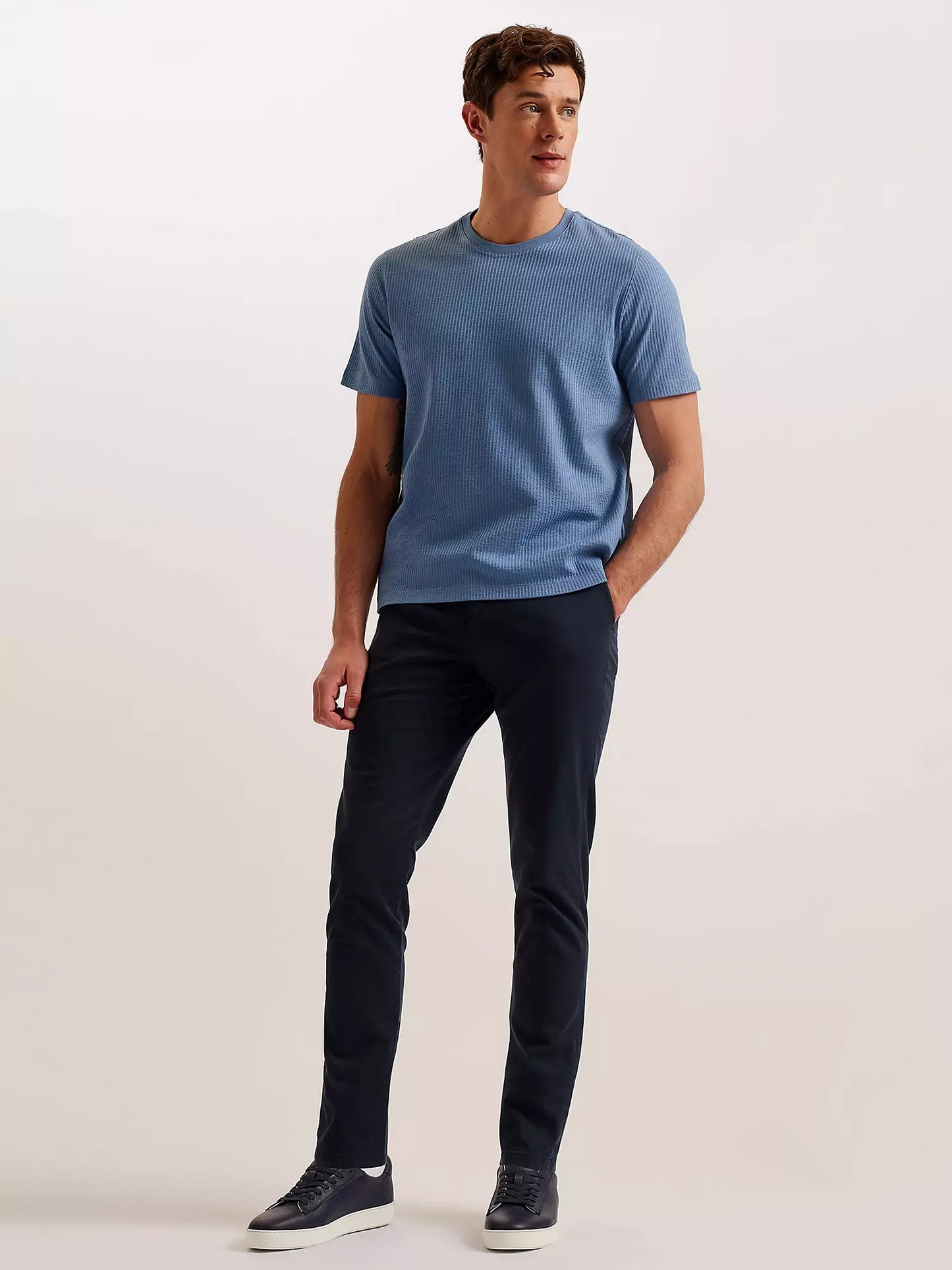 LooFoN Slim Fit Men's Round Nack Blue T-Shirt with Ribb Texture Fabric