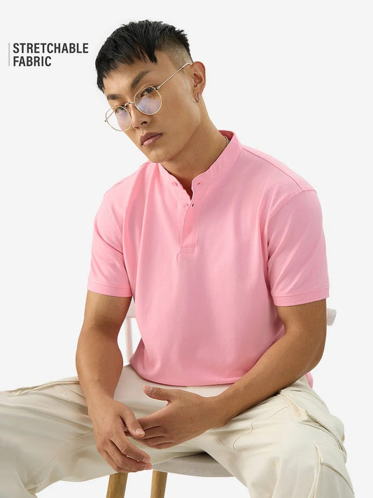 LooFoN Slim Fit Men's Mandarin collar PinkT-Shirt