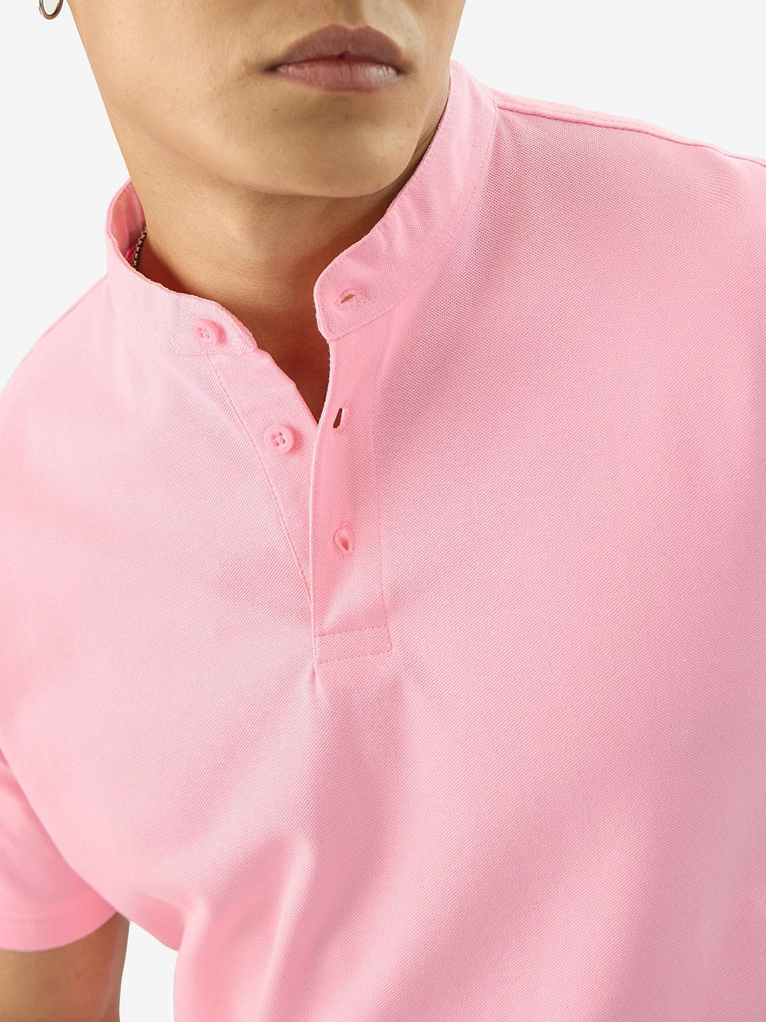 LooFoN Slim Fit Men's Mandarin collar PinkT-Shirt