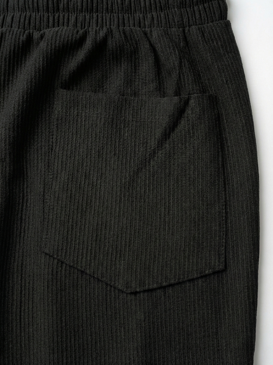 Urban Soft Ribbed Trousers | Baggy Fit Wide Leg - Jet Black